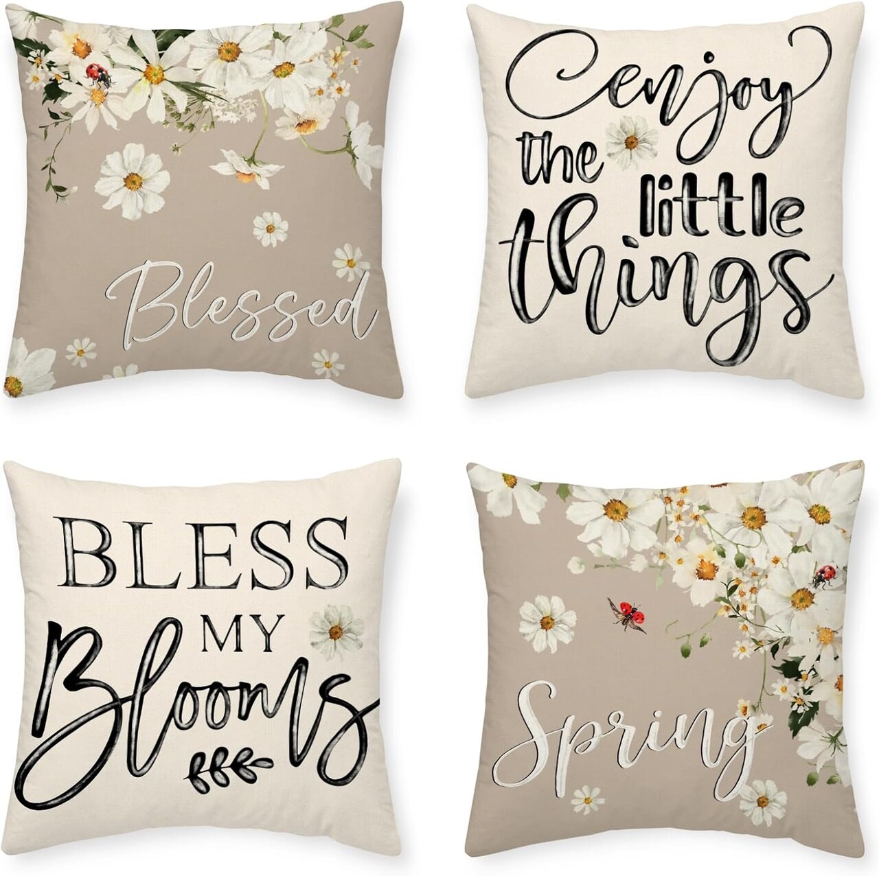 Spring Summer Throw Pillow Covers 18 x 18 Inch Bless My Blooms Pillow Case White Daisy Enjoy The Little Things Farmhouse Seasonal Cushion Case Decoration for Sofa Couch Set of 4